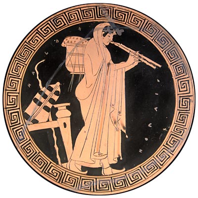 Aulos-Spieler, ca. 490 v. Chr., etruskische Abbildung auf einer Trinkschale